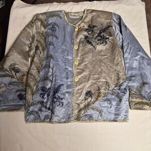 Flashback Vintage Quilted Floral Jacket Silver‎ Blue Cotton Rayon Art to Wear L
